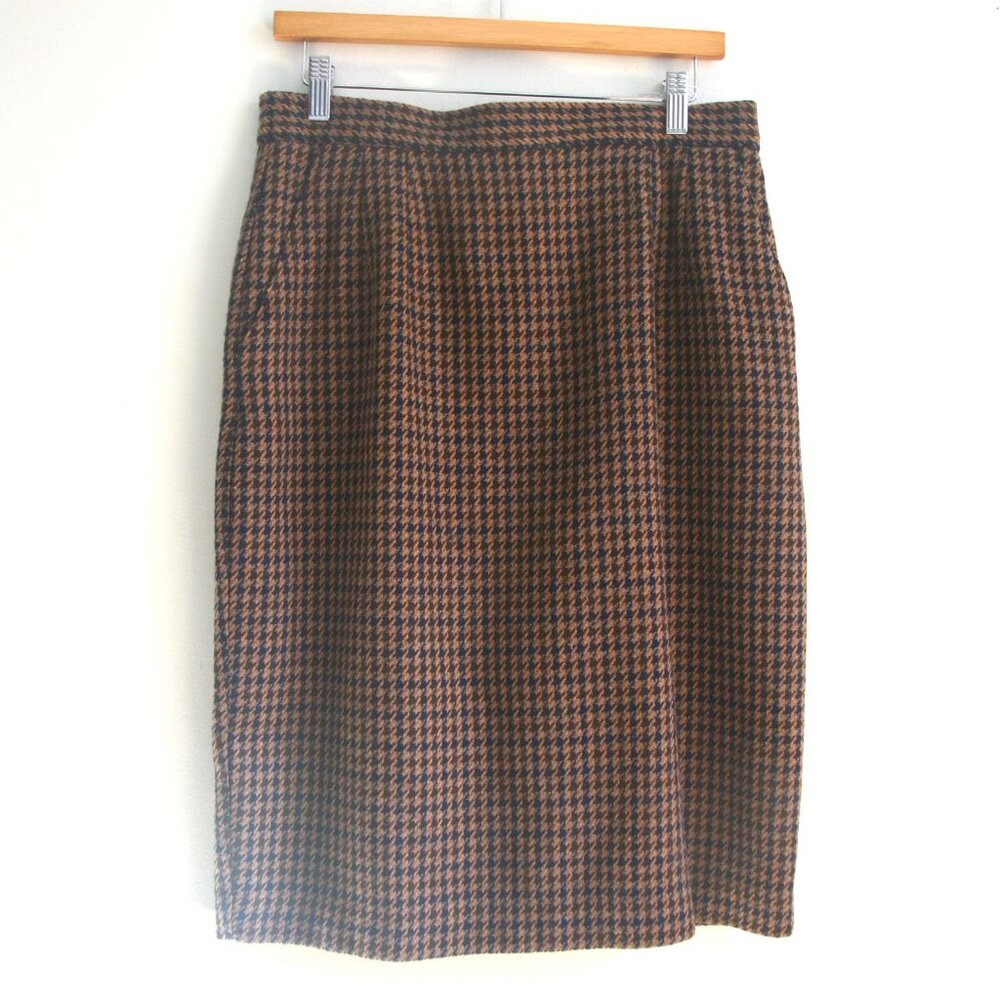 Size 14 - Vintage NORTON McNAUGHTON Women's Wolftooth Brown Wool Straight Skirt